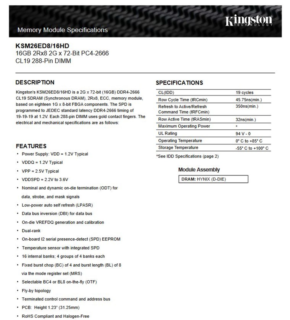 【KSM26ED8/16HD】 金士頓 16GB DDR4-2666 ECC 伺服器 記憶體 2Rx8