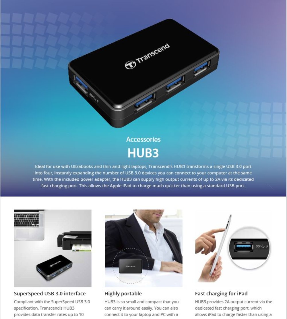【TS-HUB3K】 創見 4埠 USB HUB 集線器 USB3.1 附外接電源 支援快充-thumb